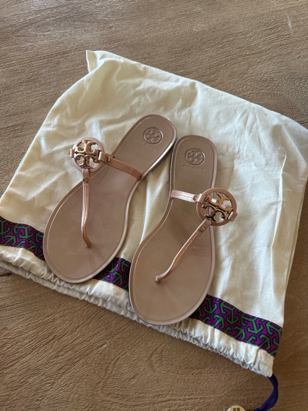 Tory Burch Rose Gold Jelly Logo Thong Sandals